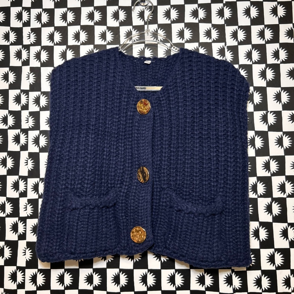 Navy Blue Women's Sweater with Gold Buttons